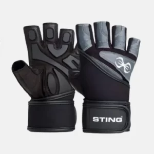 Sting EVO7 training gloves black with wrist strap set off white bg