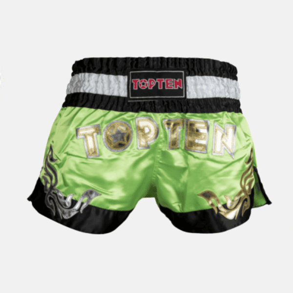 TopTen Kickboxing shorts NEON green back view off white bg