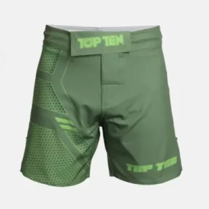 TopTen MMA shorts COMBat green front view off white bg