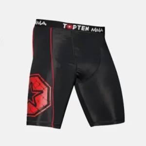 TopTen rashguard TopTen Short tights MMA red-black front view off white bg